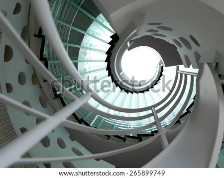 modern glass spiral staircase with metallic hand-rails.