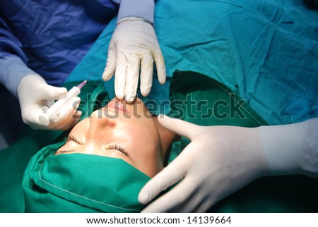 Beauty treatment and woman face in surgery room