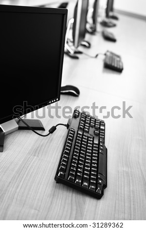 brand new computer with tft monitor in modern classroom at school