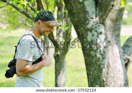 man outdoor in nature walking have relaxation and recreation