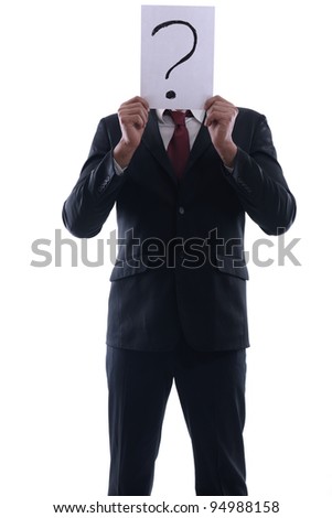 Business Man Holding A Piece Of Paper Over His Face With A Question ...