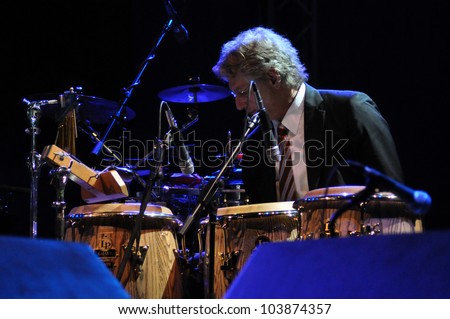 CLUJ NAPOCA, ROMANIA Ã¢Â?Â? MAY 29: Brian Lavern Davis from Pink Martini pop-jazz band performs live on drums at the Sports Hall of Cluj, Romania, MAY 29, 2012 in Cluj-Napoca, Romania