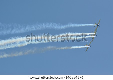 CLUJ NAPOCA, ROMANIA - MAY 18: Military aircraft fly in formation over at the city of Cluj at the Romanian Military Parade on May 18, 2013 in Cluj Napoca, Romania