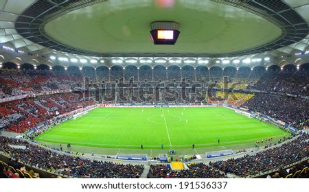 BUCHAREST - APRIL 17: Crowd of football supporters during a match between Dinamo and Steaua Bucharest. On April 17, 2014 in Bucharest, Romania