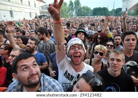 BONTIDA - JUNE 26, 2015: Partying crowd during the live concert of The Subways band from Great Britain at the Electric Castle Festival at June 26, 2015 in the Banffy castle in Bontida, Romania