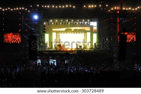 CLUJ NAPOCA, ROMANIA - JULY 31, 2015: Romanian band Subcarpati performs a live concert on the Main stage at the Untold Festival in the front of a crowd of people