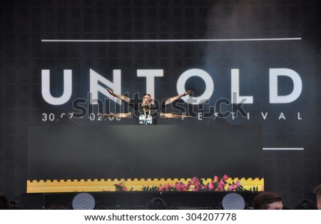 CLUJ NAPOCA, ROMANIA - AUGUST 2, 2015: Technicians setting the stage lights before a live concert at the Untold Festival