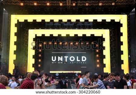 CLUJ NAPOCA, ROMANIA - AUGUST 2, 2015: Tehnicians setting the stage lights before a live concert at the Untold Festival