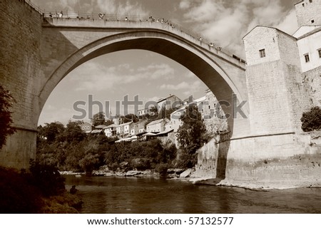 Mostar with the famous bridge, Bosnia and Herzegovina, sepia image