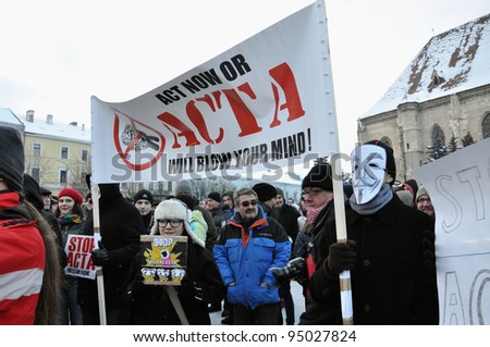 CLUJ NAPOCA – FEBRUARY 11: Hundreds of people protest against ACTA, against web piracy treaty, and the government in Cluj Napoca, on February 11, 2012 in Cluj Napoca, Romania