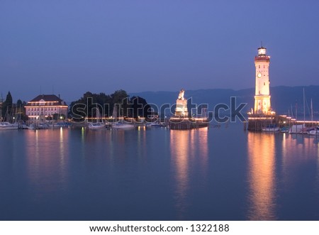 Harbour in Lindau, Southern Germany at Dusk. The hills in the distance belong to Austria
