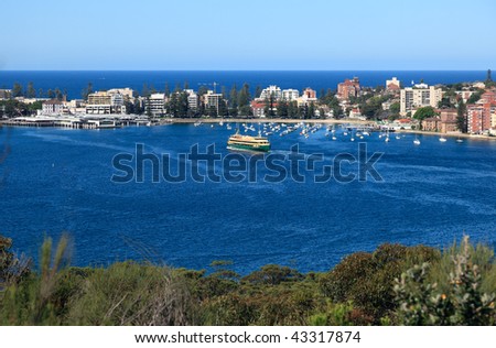 The seaside suburb of Manly from the Sydney Harbour National Park. The Ferry can be seen pulling into port.