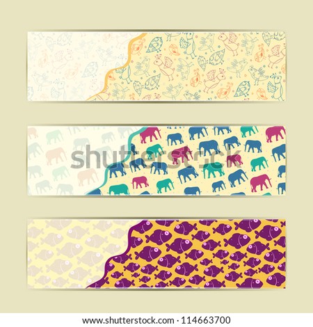 Banner Set with Animals - Bird, Fish, Elephant and place for Ads Message