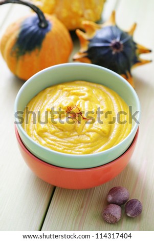 bowl of delicious pumpkin soup - food and drink