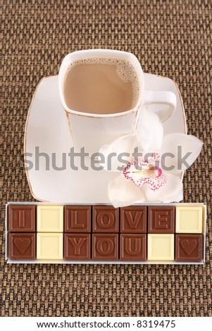 cup of coffee and box of chocolates - I love you - perfet for Valentine\'s day or birthday