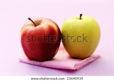 red and green apple on pink - food and drink