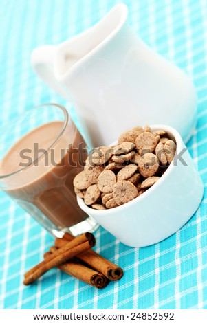 glass of chocolate milk and cerals - food and drink