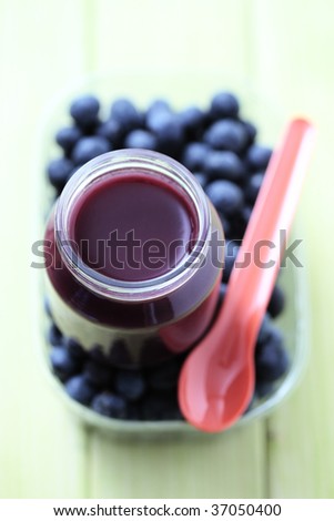 jar with blueberries of baby food - food and drink