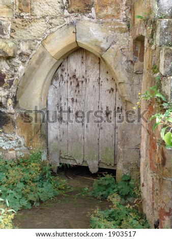 Old wooden door in castle wall