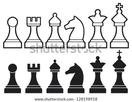 chess pieces including king, queen, rook, pawn, knight, and bishop (chess icons, set of chess pieces, chess figures)