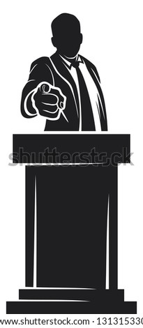 man giving speech (orator speaking at a podium, man speaking at a conference, man giving speech with tribune, politician speaker, politician pointing to the viewer, hand pointing , finger pointing)