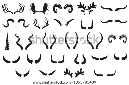 Horns silhouettes set (funny Christmas reindeer, bull, deer antlers, unicorn, ram, goat, bison, moose, buffalo, antelope, impala, hunting trophies) 