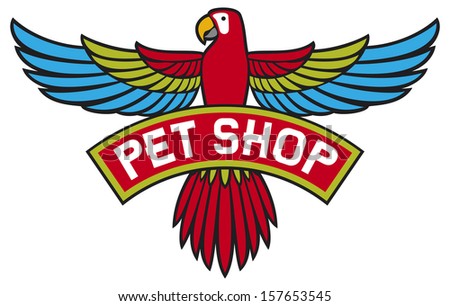 pet shop label (pet shop symbol, pet shop design, pet shop sign, flying parrot)
