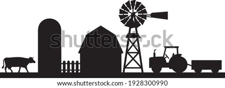 Farm landscape silhouette (barn, silo, tractor, wagon, water pumping windmill, cow, wooden fence).