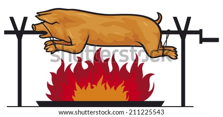 roasted pig on a spit (grilled pig on the fire)