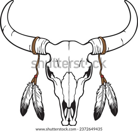 Native American bull or cow skull with feathers (vector illustration)
