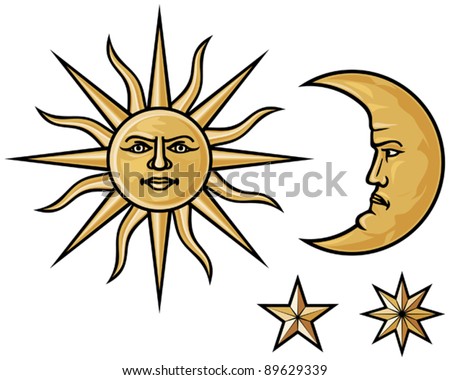 Sun, Crescent Moon And Stars Stock Vector Illustration 89629339 ...