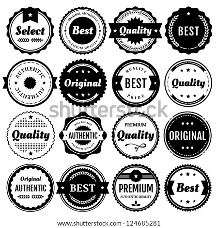 Collection of premium vector badges & packaging labels.Styles include modern,retro, clean, & classic. Isolated design elements includes typography for Quality,Authentic, Best,Original, & Select.Eps10.