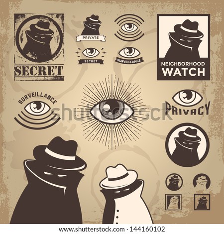 Vector Illustration of sketchy criminal, secret spy, government surveillance, private detective, undercover spy investigation, danger, villain, confidential information & neighborhood watch sign.Eps10