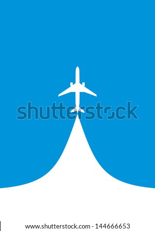 vector image of white silhouette of jet airplane, isolated on blue