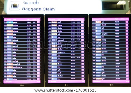 BANGKOK, THAILAND - OCT 25,2011:  baggage claim timetable in Bangkok Airport. Thailand. Suvarnabhumi Airport is one of two international airports serving Bangkok, Thailand.