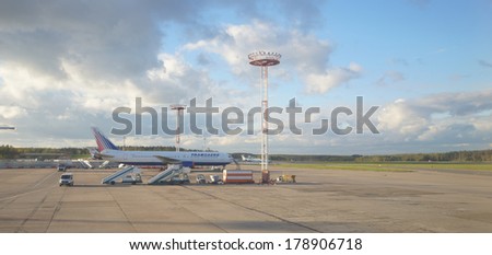 MOSCOW, RUSSIA - SEPTEMBER 26, 2013: Transaero jet aircraft in Domodedovo airport of Moscow on September 26, 2013. Transaero began as a charter airline with aircraft leased from Aeroflot