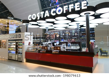 DUBAI, UAE - MARCH 30: Costa Coffee cafe in airport on March 30, 2014 in Dubai. Costa Coffee is a British multinational coffeehouse company headquartered in Dunstable, United Kingdom.