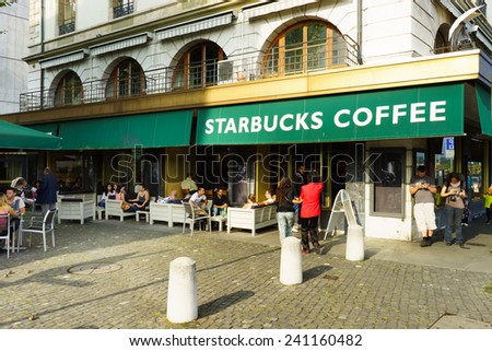 GENEVA - SEP 11: Starbucks cafe at city center on September 11, 2014 in Geneva, Switzerland. Starbucks is the largest coffeehouse company in the world, with more then 23000 stores