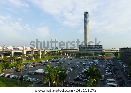 BANGKOK, THAILAND - NOV 07: Suvarnabhumi Airport control tower on November 07, 2014. Suvarnabhumi Airport is one of two international airports serving Bangkok
