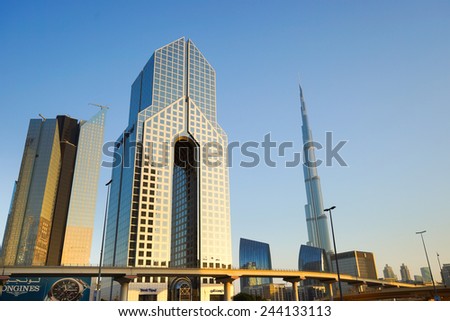 DUBAI - OCT 13: Dubai streets on October 13, 2014. Dubai is the most populous city and emirate in the UAE, and the second largest emirate by territorial size after the capital, Abu Dhabi