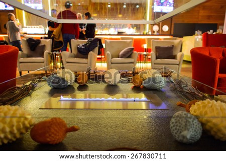 MOSCOW, RUSSIA - MARCH 29, 2015: Hilton hotel interior. Hilton Hotels & Resorts is an international chain of full service hotels and resorts and the flagship brand of Hilton Worldwide