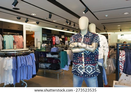 HONG KONG - APRIL 03, 2015: New Town Plaza boutique interior. New Town Plaza is a shopping mall in the town centre of Sha Tin in Hong Kong. Developed by Sun Hung Kai Properties.