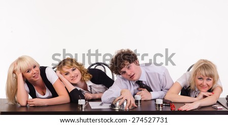 boring business team sit together at office, isolated on white