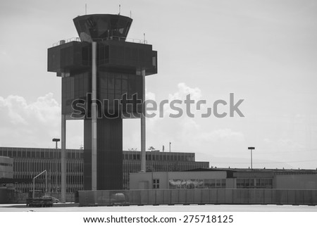 GENEVA, SWITZERLAND - SEPTEMBER 16, 2014: airport control tower. Geneva International Airport is the international airport of Geneva, Switzerland. It is located 4 km northwest of the city centre