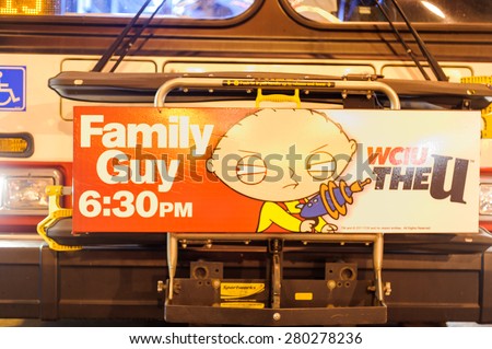 CHICAGO, USA - OCTOBER 04, 2011: Family Guy advertisement. Family Guy is an American adult animated sitcom created by Seth MacFarlane for the Fox Broadcasting Company