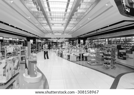 DUBAI, UAE - MARCH 31: duty free zone in airport. Dubai International Airport is an international airport serving Dubai. It is a major airline hub in the Middle East, and is the main airport of Dubai.