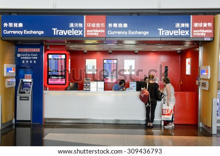 HONG KONG - JUNE 04, 2015: Travelex in Hong Kong Airport. Travelex Group is a foreign exchange company founded by Lloyd Dorfman and headquartered in London