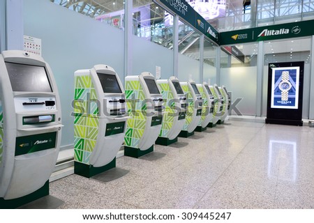 ROME, ITALY - AUGUST 04, 2015: self check-in kisosk in airport of Rome. Fiumicino Airport, is a major international airport in Rome, Italy