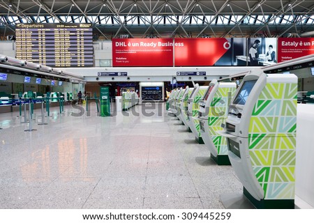 ROME, ITALY - AUGUST 04, 2015: self check-in kisosk in airport of Rome. Fiumicino Airport, is a major international airport in Rome, Italy