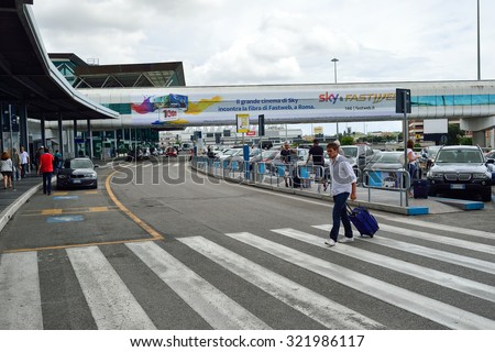 ROME, ITALY - AUGUST 16, 2015: Fiumicino Airport terminal outdoor. Fiumicino - Leonardo da Vinci International Airport is a major international airport in Rome, Italy